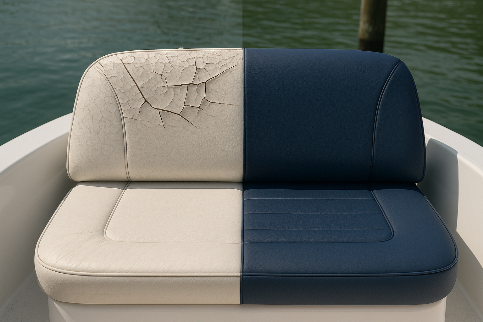 A close-up of cracked and sun-faded marine vinyl seating on a boat, showing signs of wear and damage from UV exposure and saltwater conditions.