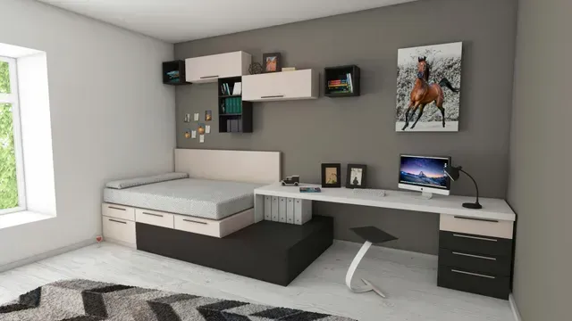 Modern bedroom with a gray wall, a bed platform with drawers, a desk, white cabinets, and a framed horse painting.