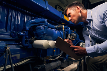 A man is looking at a blue engine while holding a clipboard.