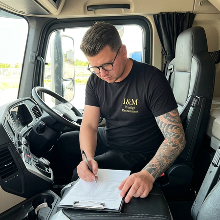 Man in a truck cab writing on a clipboard, wearing a black shirt and glasses.