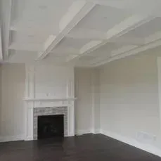 Living room with white walls, fireplace, and coffered ceiling.