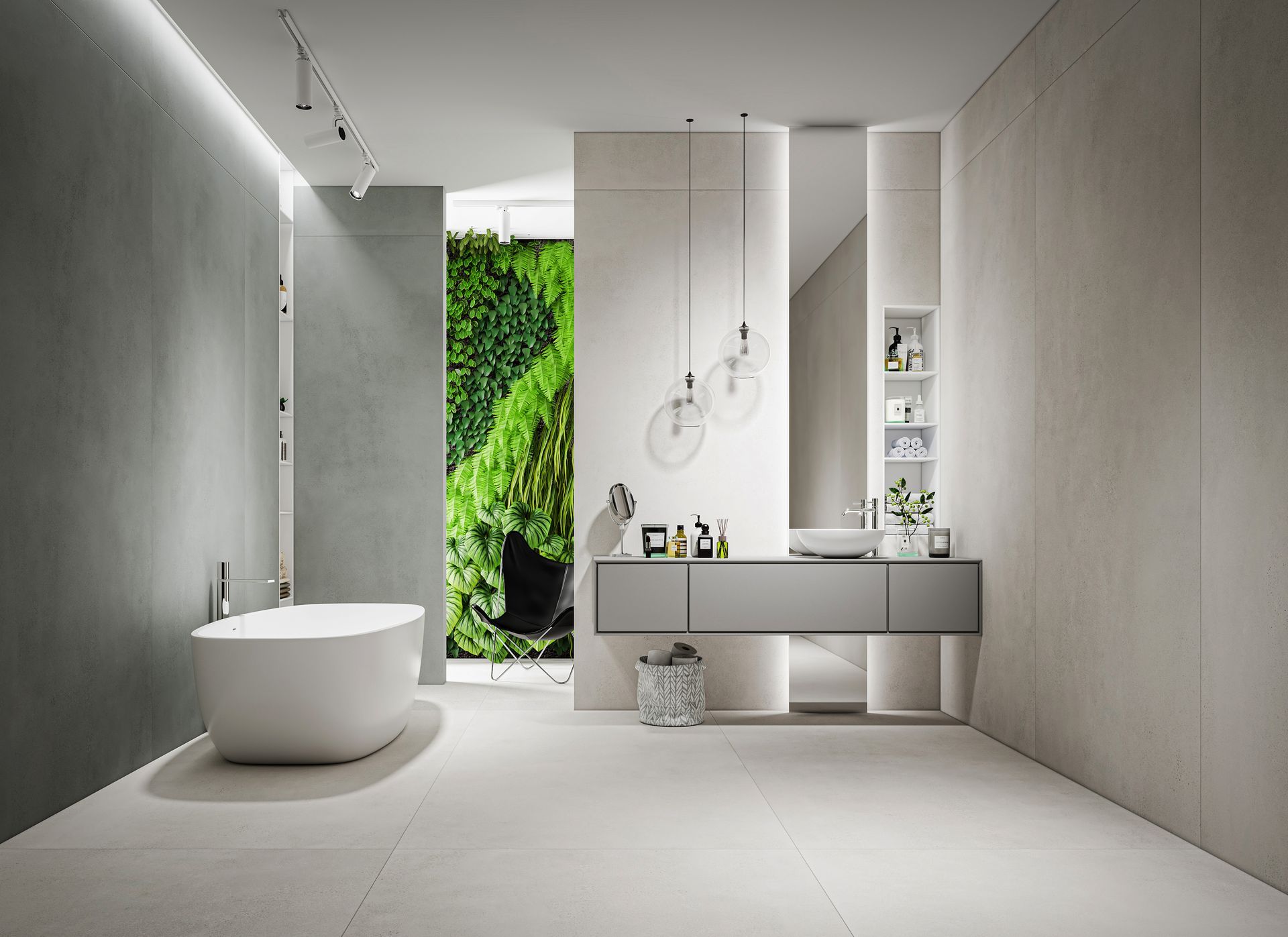 Modern bathroom with a white tub, green wall, gray vanity, and neutral tones.