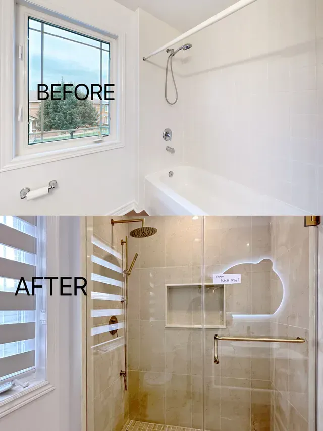 Bathroom renovation before and after: white tub/shower replaced with a tiled, glass shower.