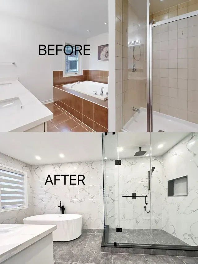 Bathroom before and after renovation. Top shows dated fixtures, bottom reveals modern, marble-look finishes.