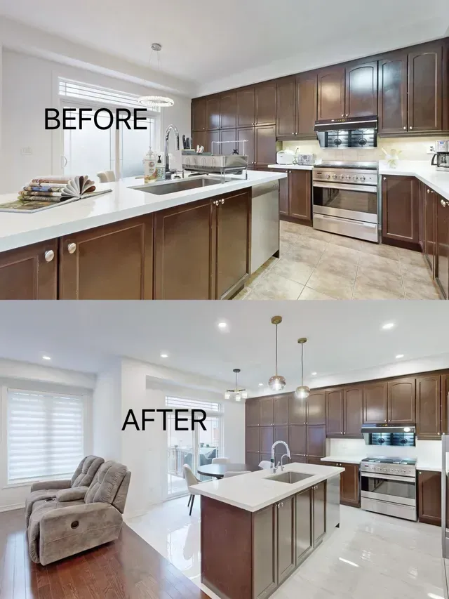 Before-and-after kitchen remodel. Top: brown cabinets, white countertop. Bottom: renovated with new flooring, island.
