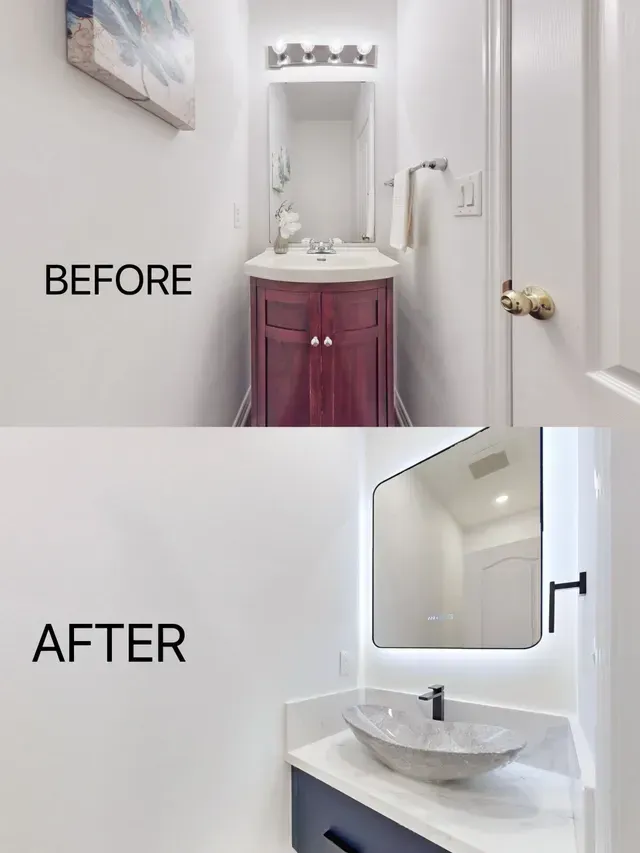 Before-and-after of a bathroom renovation. Top: red vanity, small mirror. Bottom: blue vanity, large illuminated mirror, vessel sink.