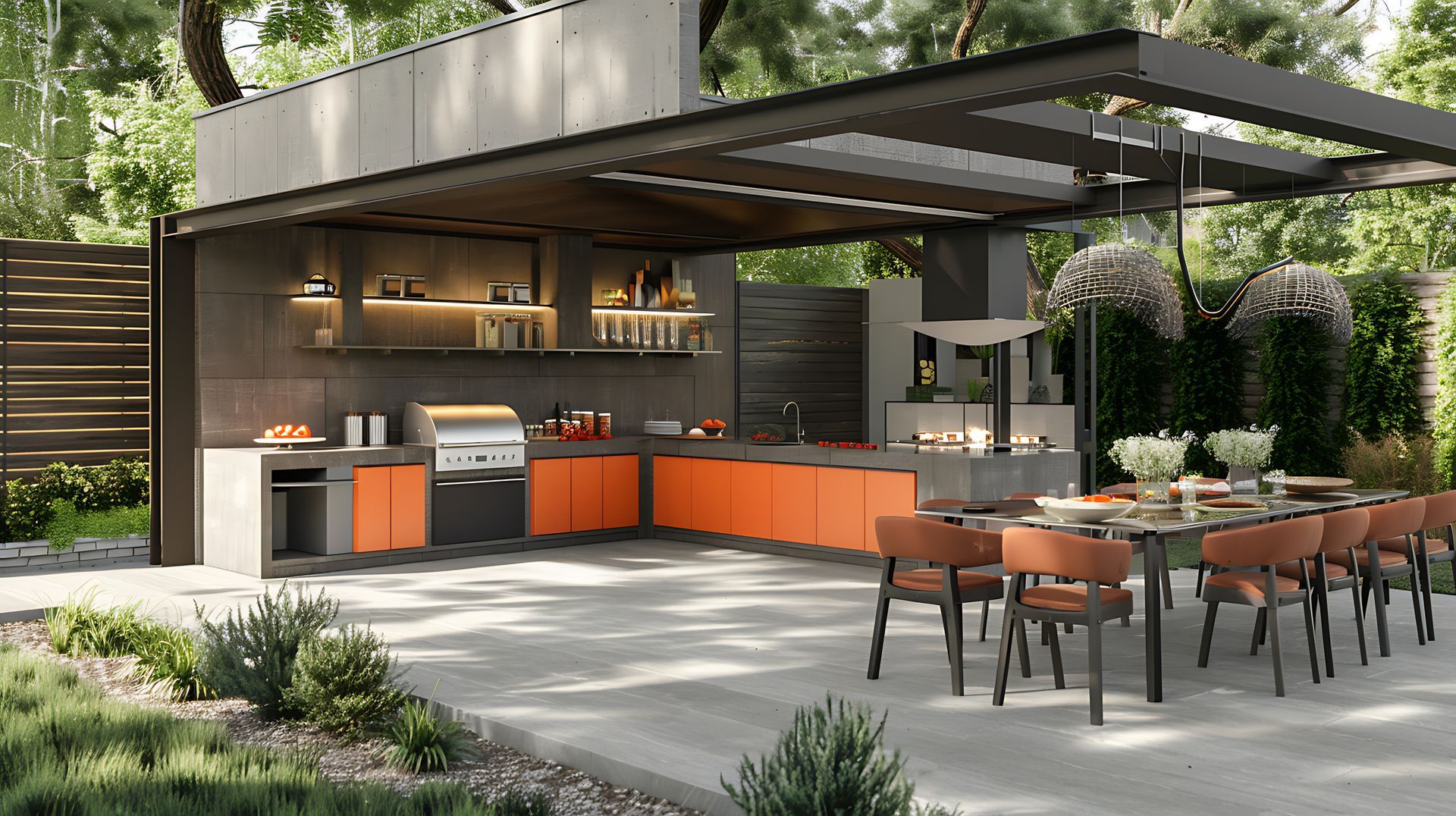 A large outdoor kitchen with orange cabinets and a table and chairs under a canopy.