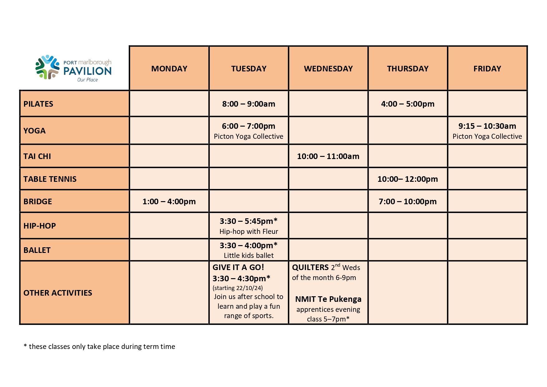 Port Marlborough Pavilion Timetable 2024