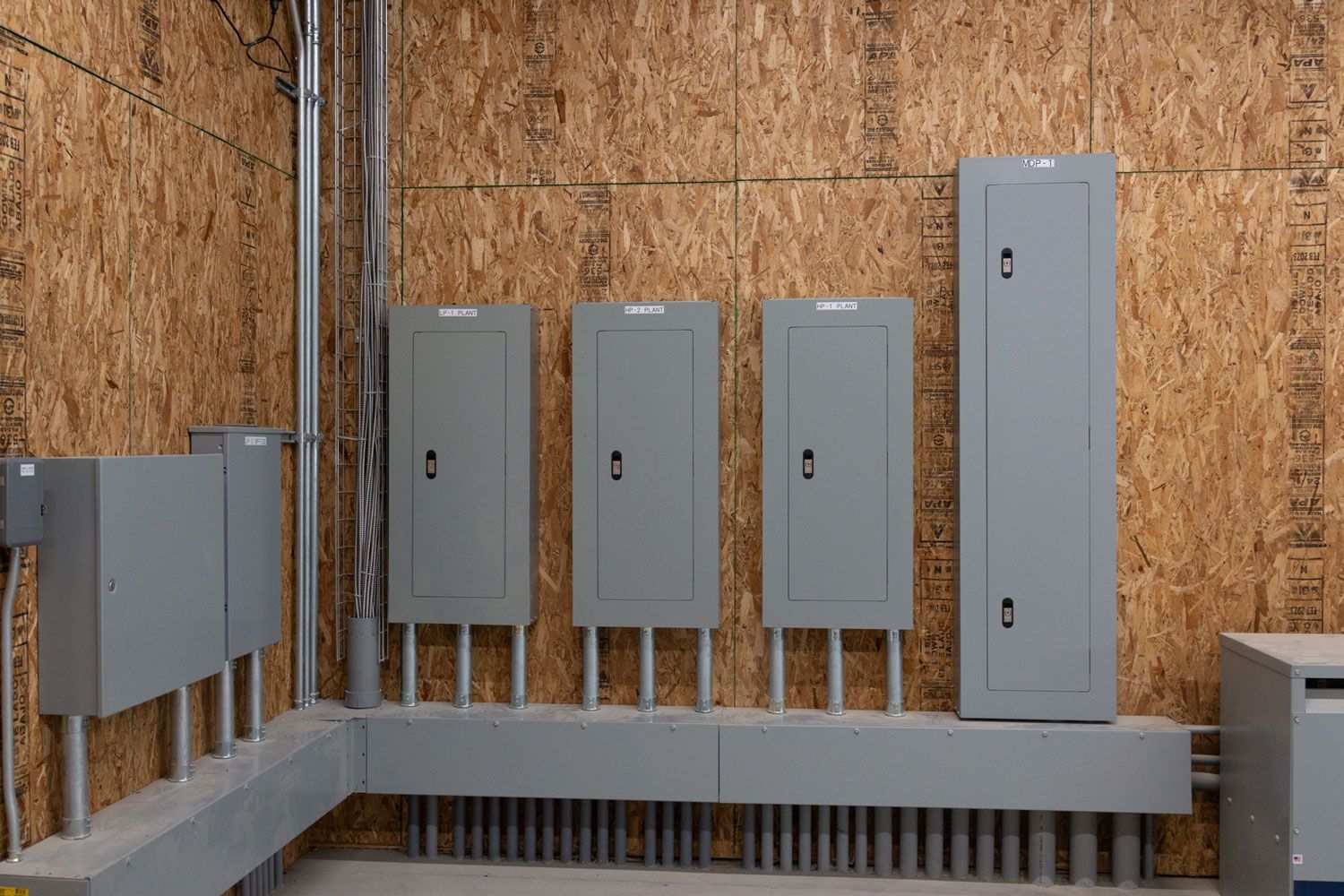 A room with a lot of electrical boxes on the wall