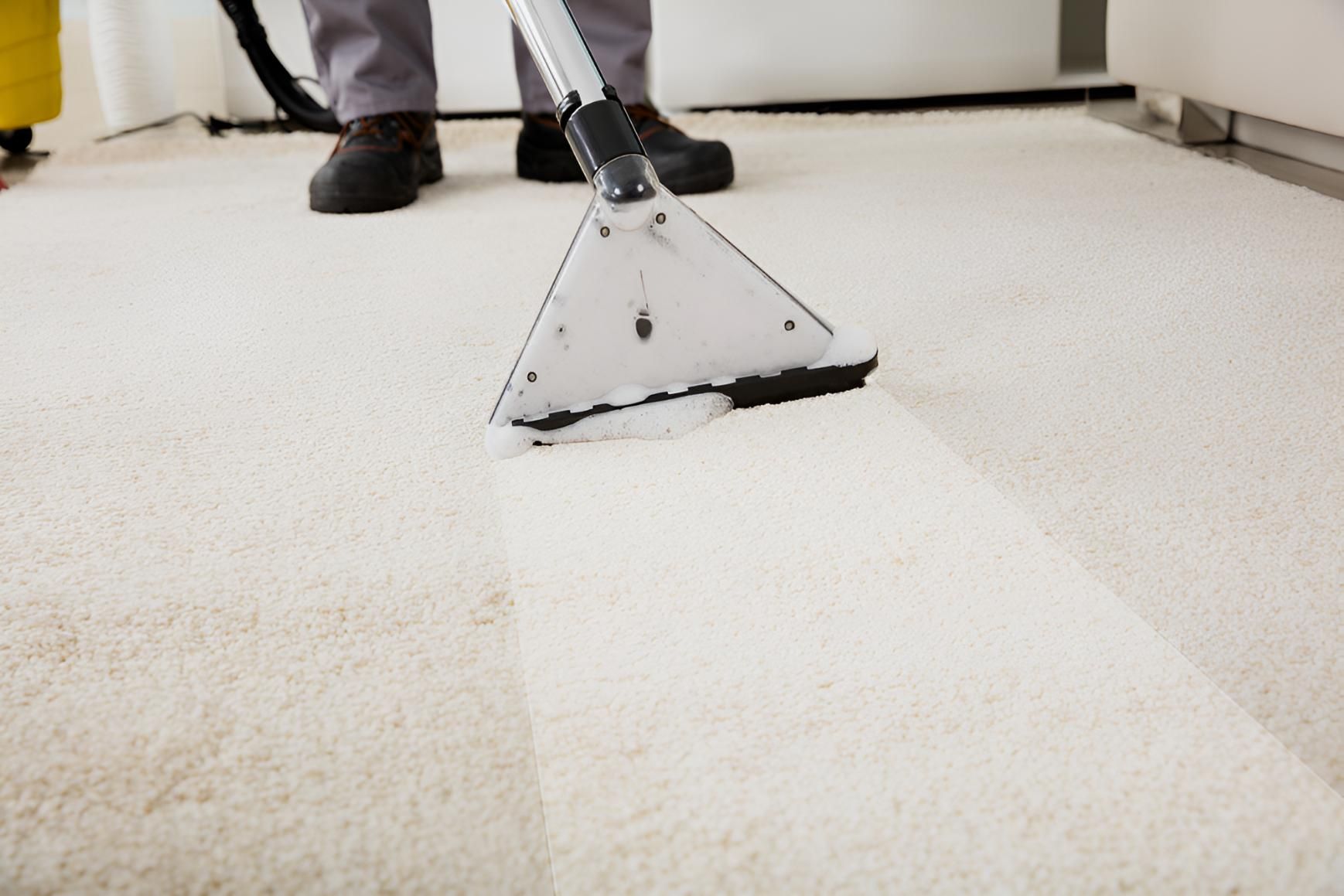 Person is Cleaning a White Carpet With a Vacuum Cleaner — Mr Steam Clean Tweed Coast in Elanora, QLD