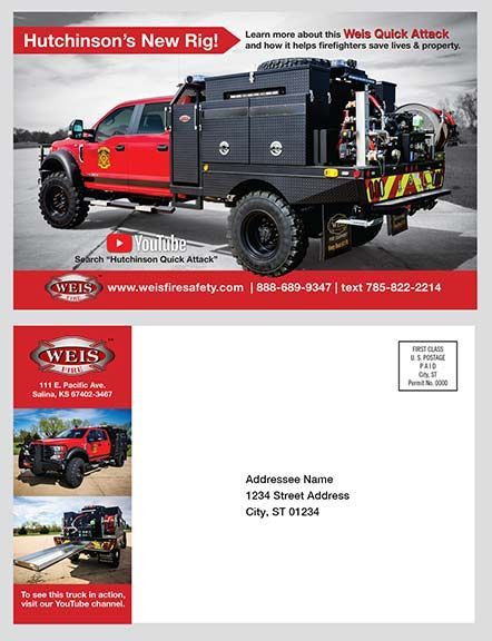 Front and backside of a postcard / front shows a fire truck / back side is the postal area