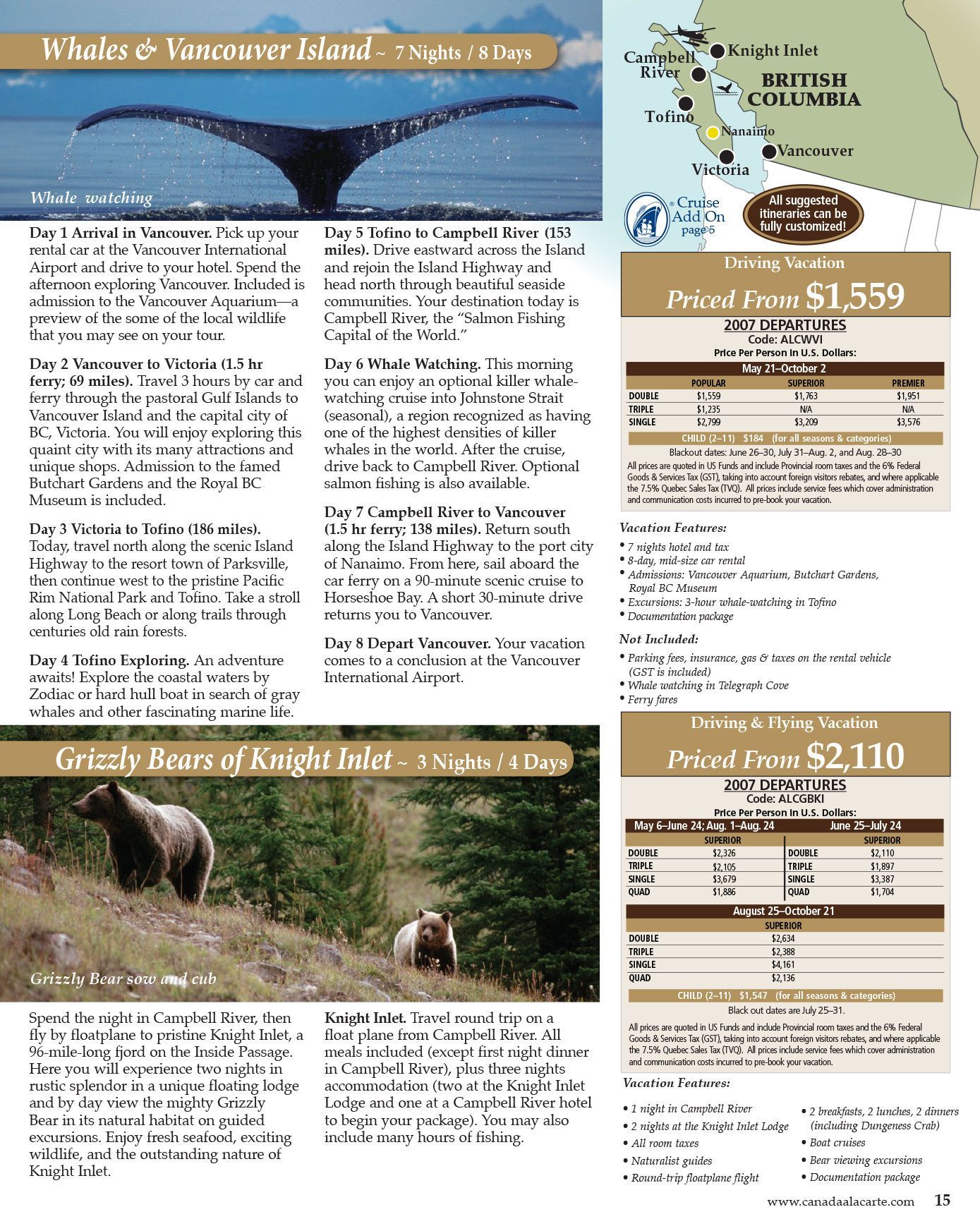 Canada a la Carte, travel publication, layout design, whale tail, grizzly bears