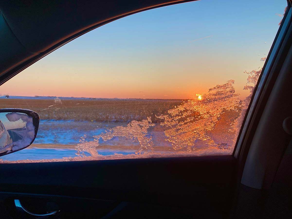 ice on side window, sunrise, Kansas