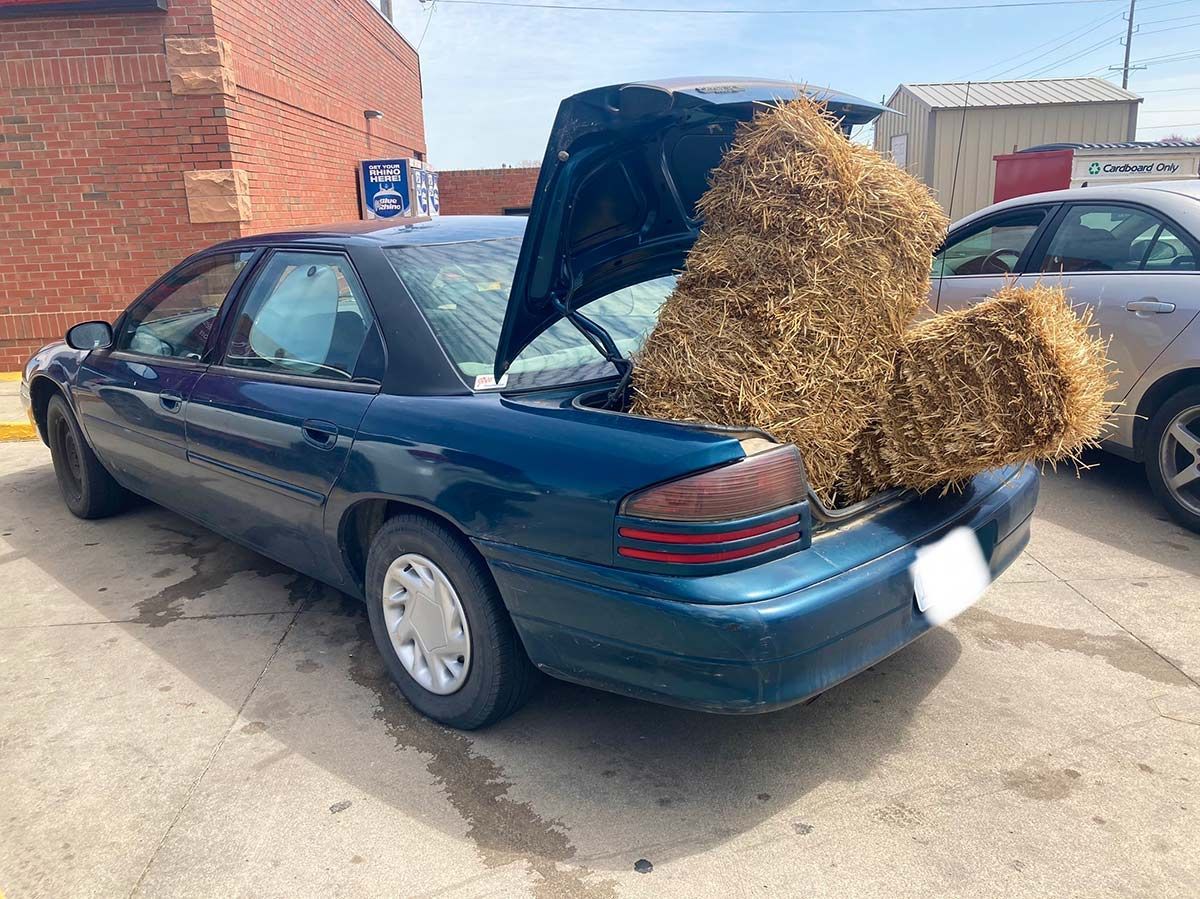 hay bales the trunk of a car, Salina, Kansas