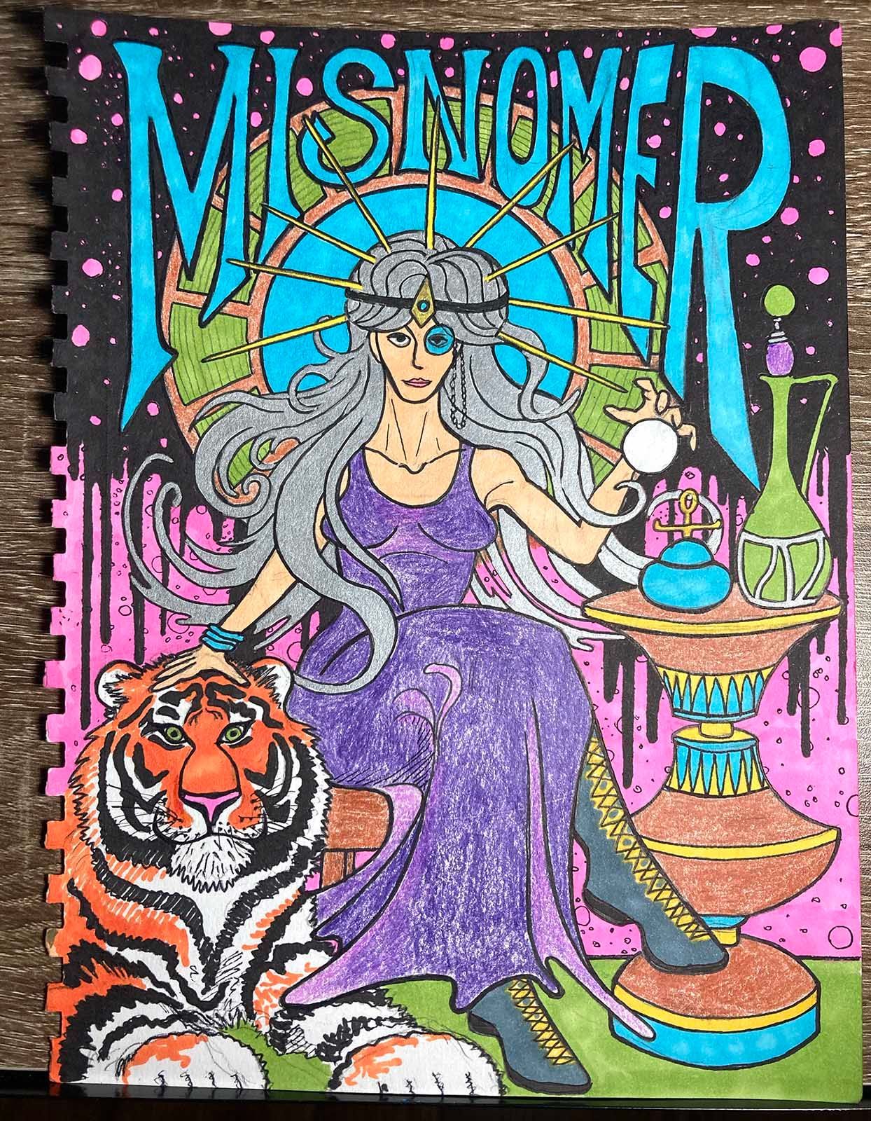 Misnomer illustration / colored pencil and ink on paper / mystical woman sitting in a throne with a tiger at her feet. 