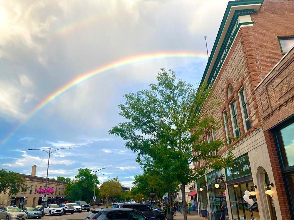 rainbow, building, architecture, sky, tree
