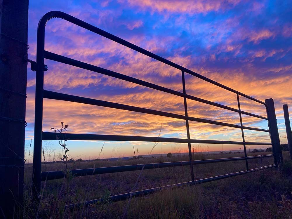 sunset, gate, Peyton, Colorado, blue, orange, 