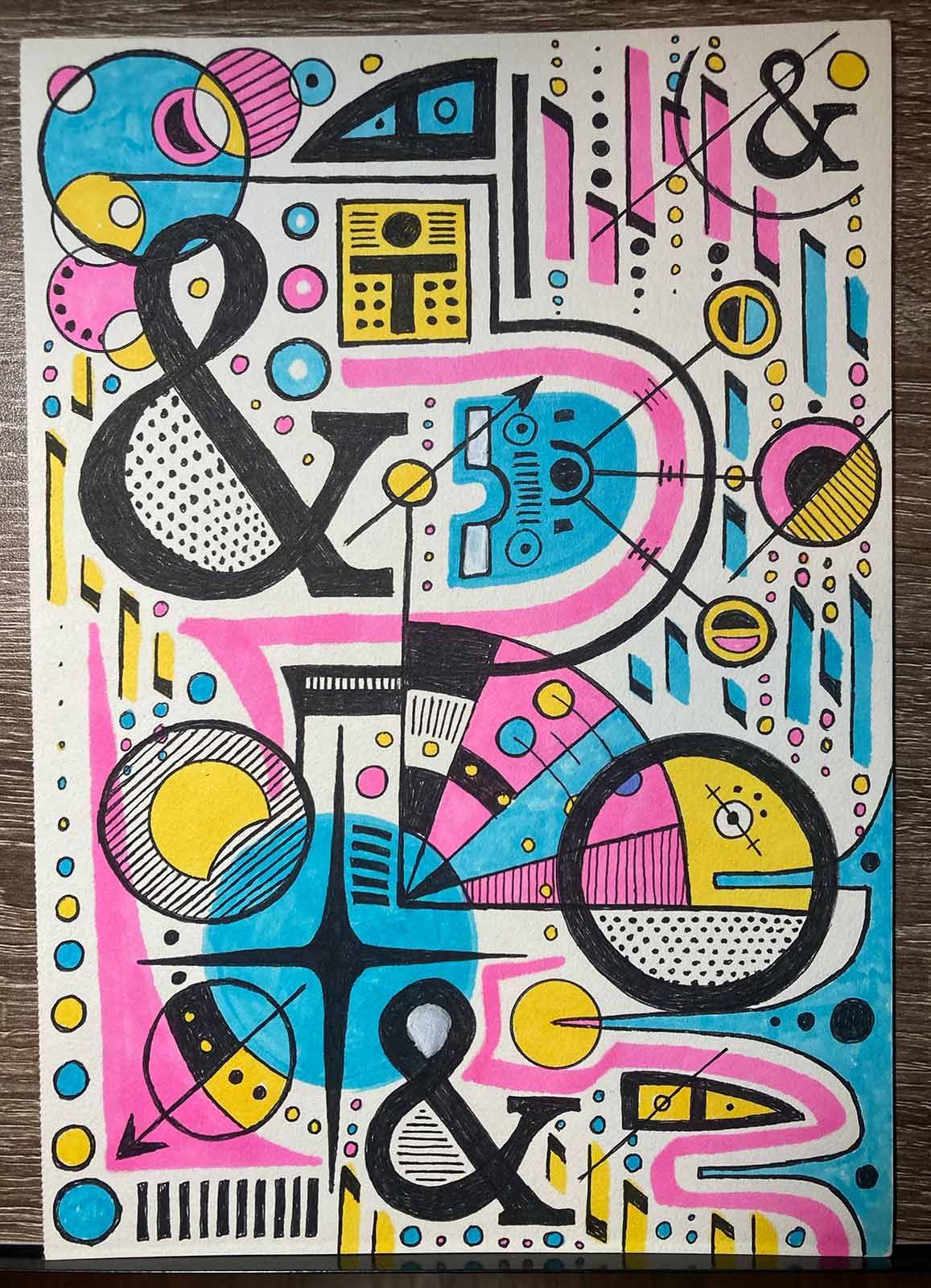 abstract drawing with three ampersands in it / ink and colored marker on paper 