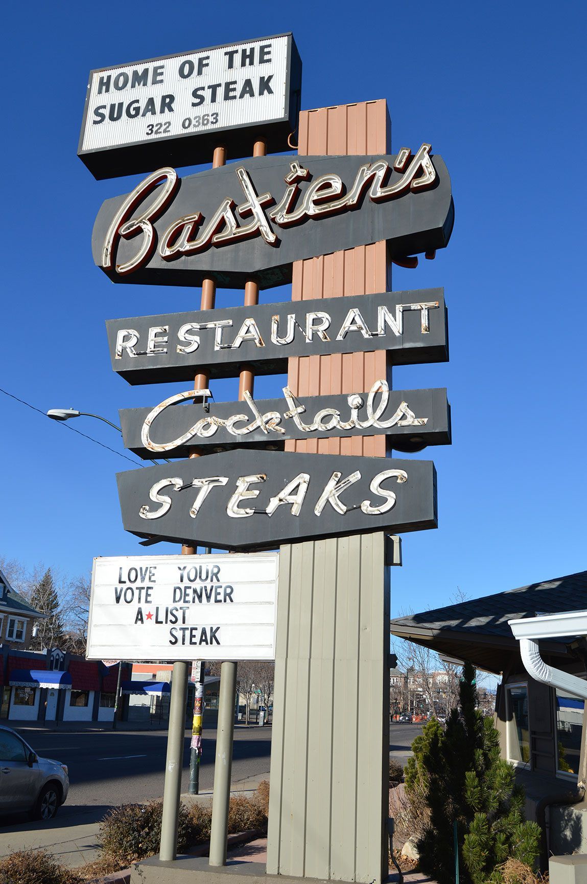 Bastien's Restaurant, neon sign, signage, Colfax Avenue, Denver, Colorado