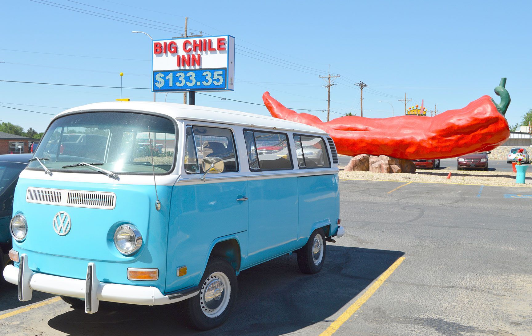 Volkswagen Bus, VW Bus, Chile sculpture, Big Chile Inn, Las Cruces, New Mexico