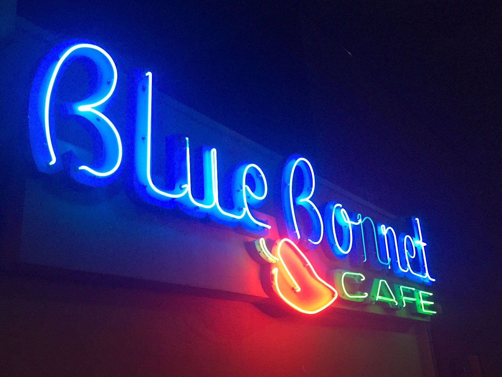 Blue Bonnet Cafe, neon sign, signage, glowing
