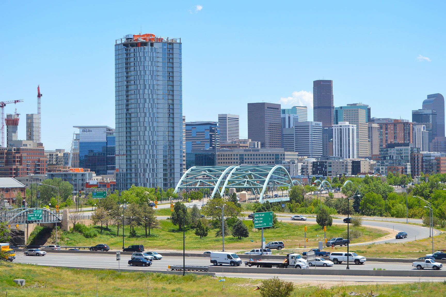 Interstate, Denver, Colorado, downtown, city, skyline, cars, traffic