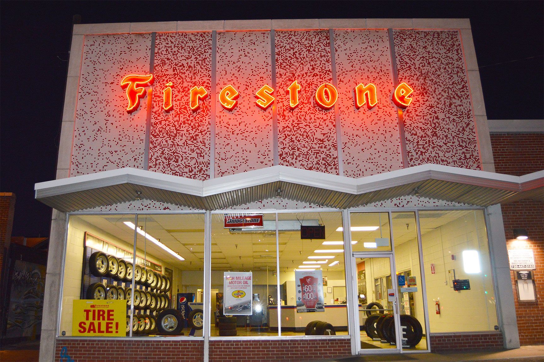 Firestone, neon sign, downtown, Denver, Colorado, roofline, architecture