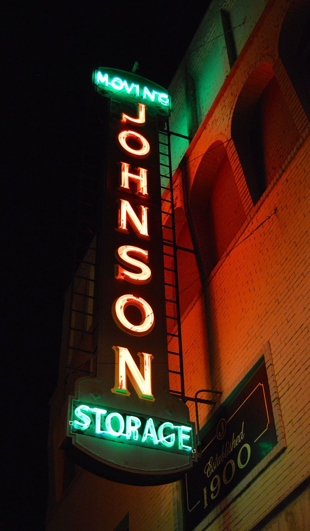 neon sign, signage, Denver, Colorado, Broadway, Johnson Moving & Storage