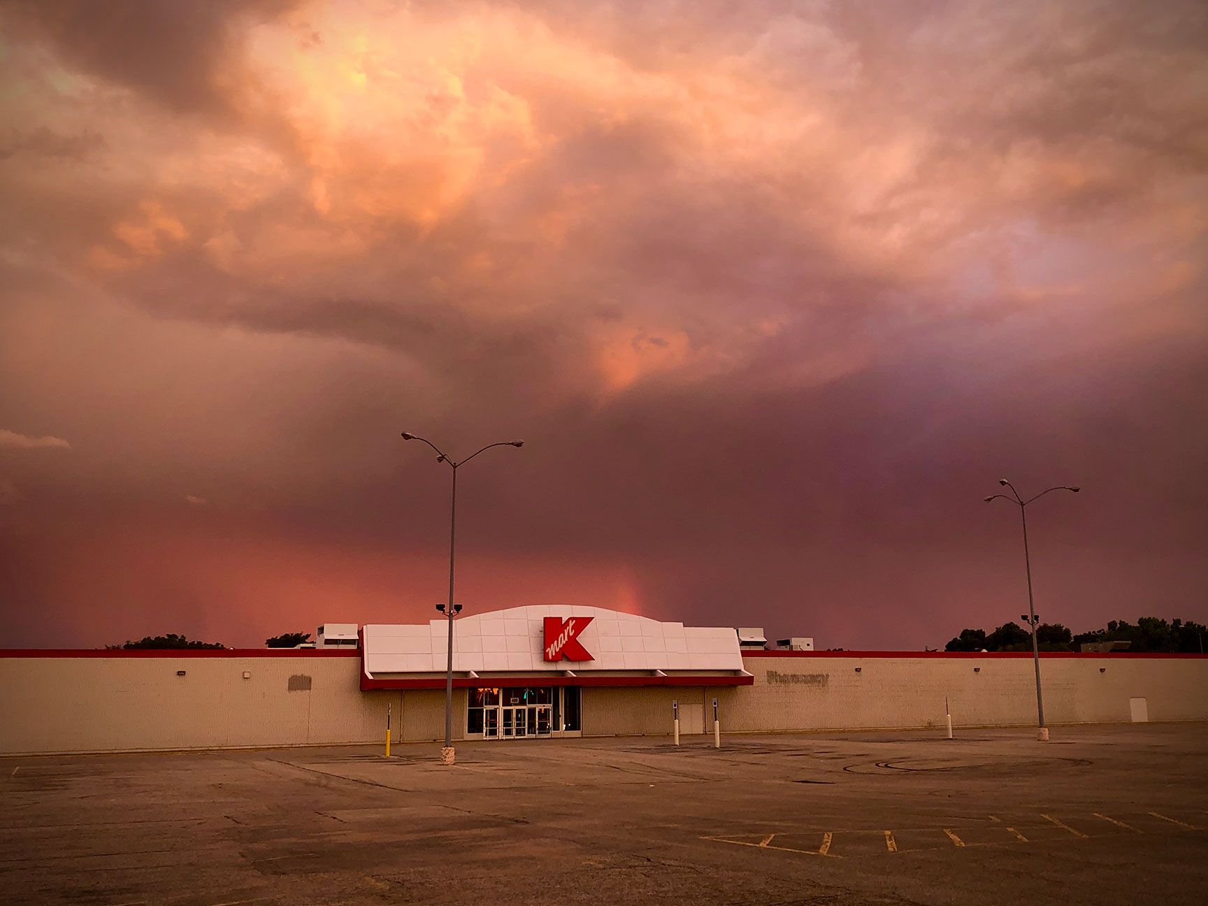 K-Mart, building, storm, sunrise, moody