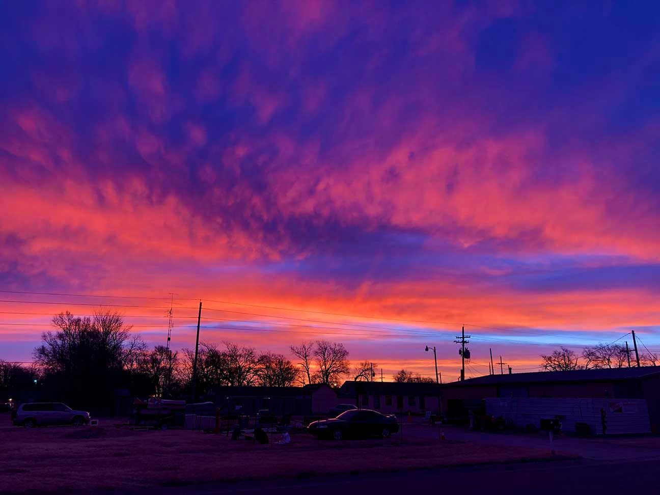 deep dark blue and bright orange sunset in Salina, Kansas