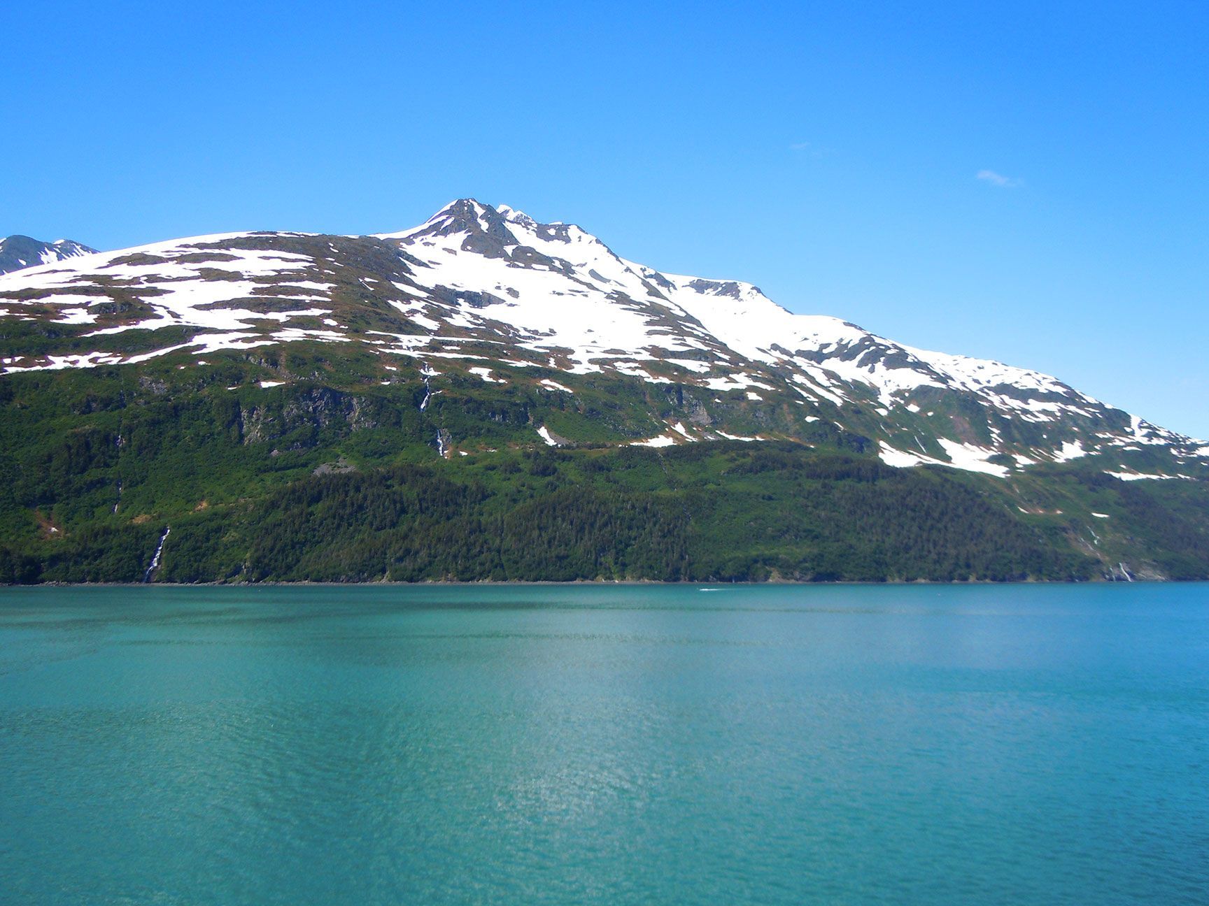 mountain, water, bay, aquamarine, waterfalls, Alaska, Whittier