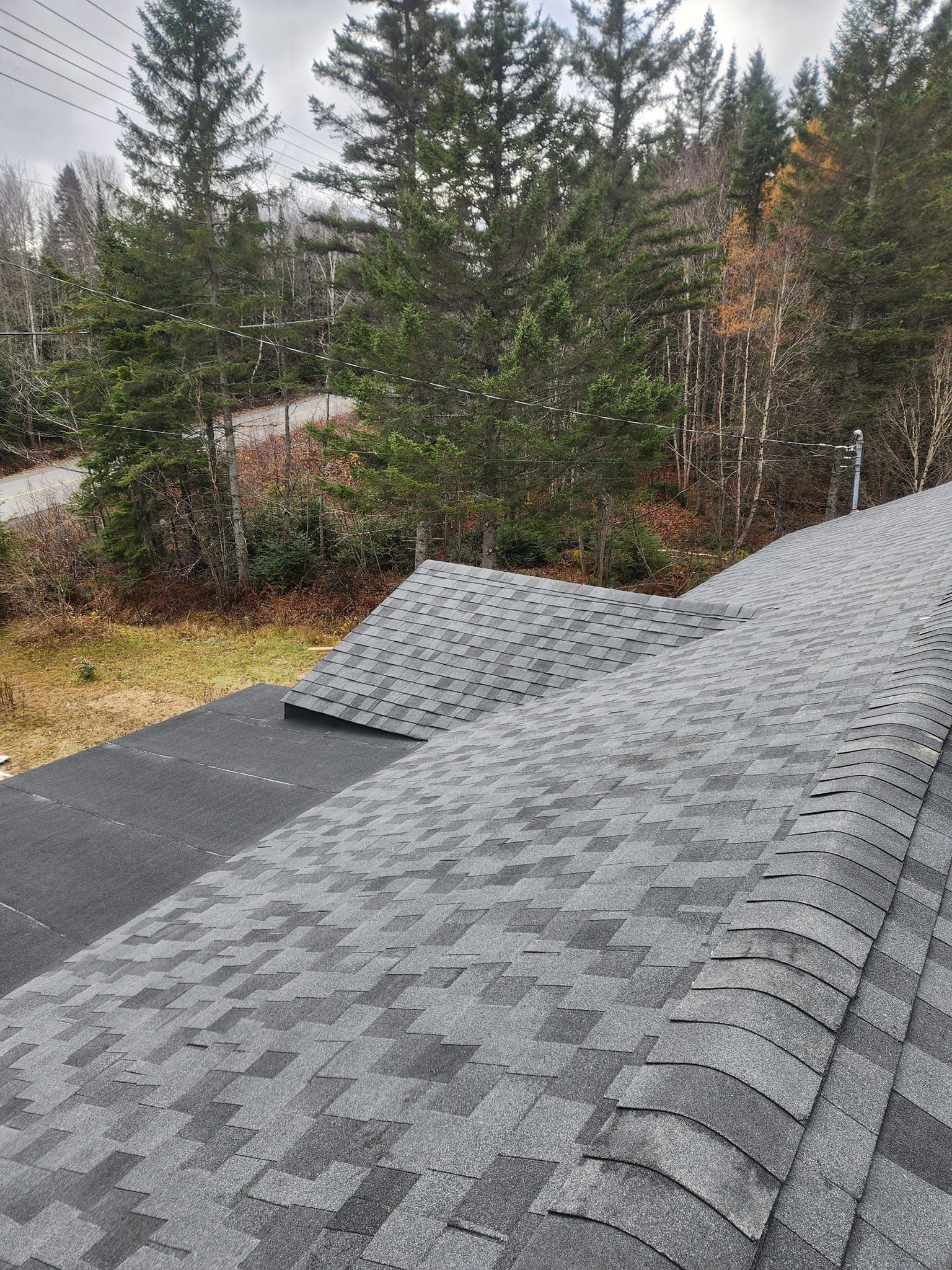 Toit en bardeaux gris foncé à petit pignon, se détachant sur un fond d'arbres et d'une route au loin.