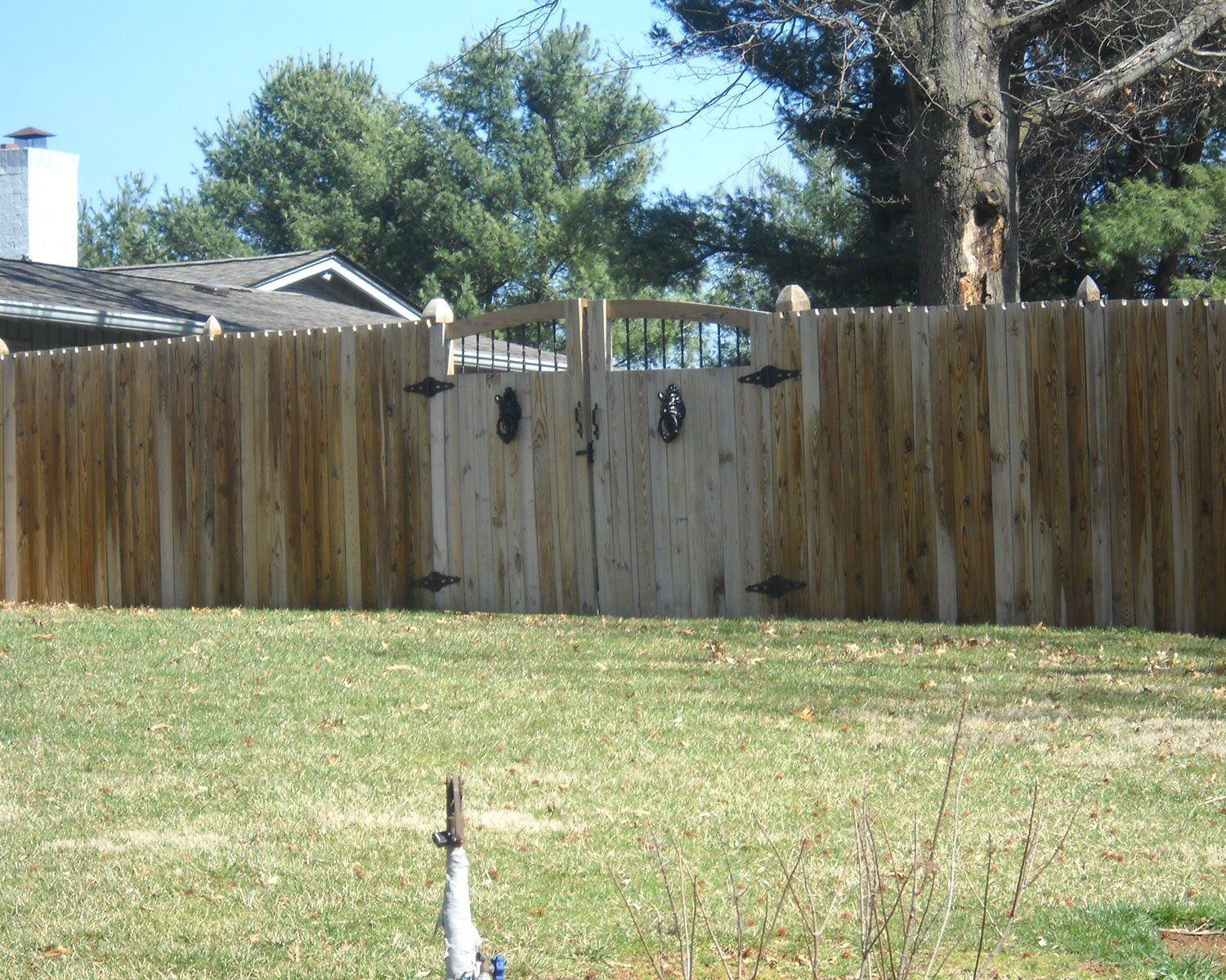 A wooden fence with a gate in the backyard