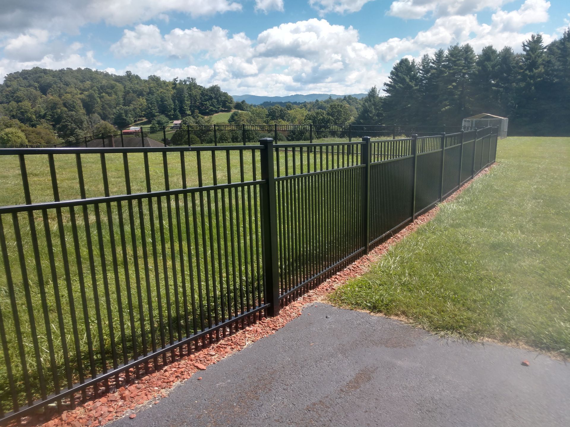 A black fence surrounds a grassy field on a sunny day
