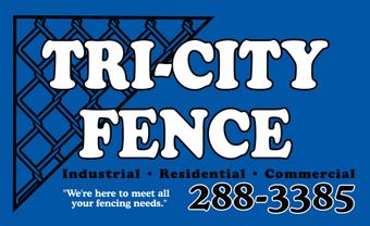 A tri-city fence logo on a blue background