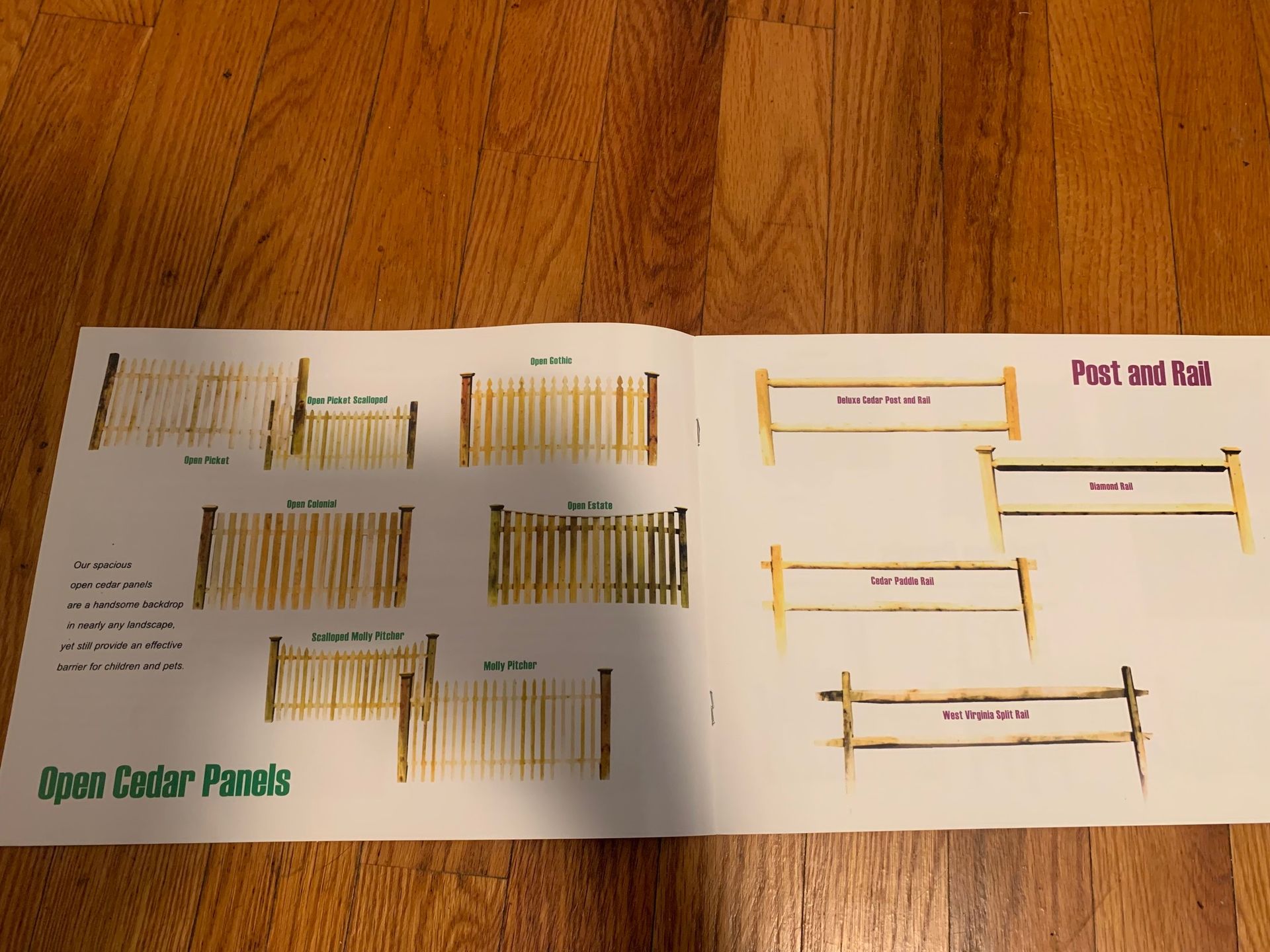 Catalog page with various cedar fence styles, including open cedar panels and post-and-rail designs.