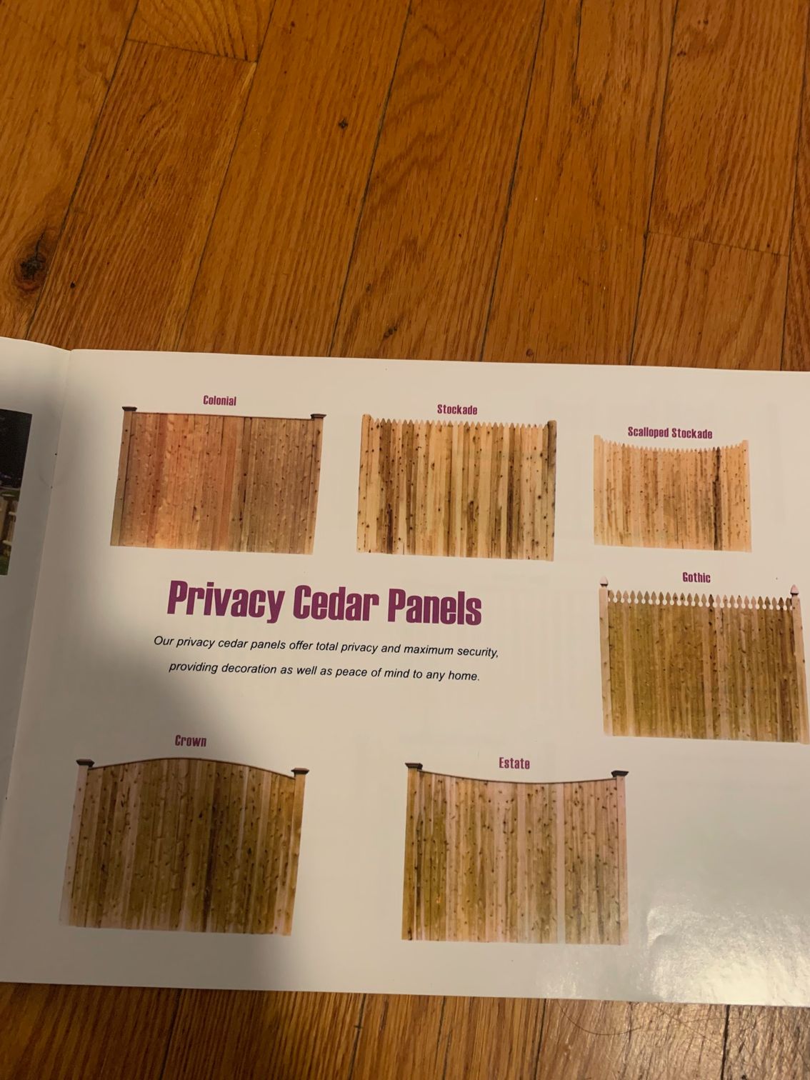 Privacy Cedar Panels featuring six different wood panel designs.