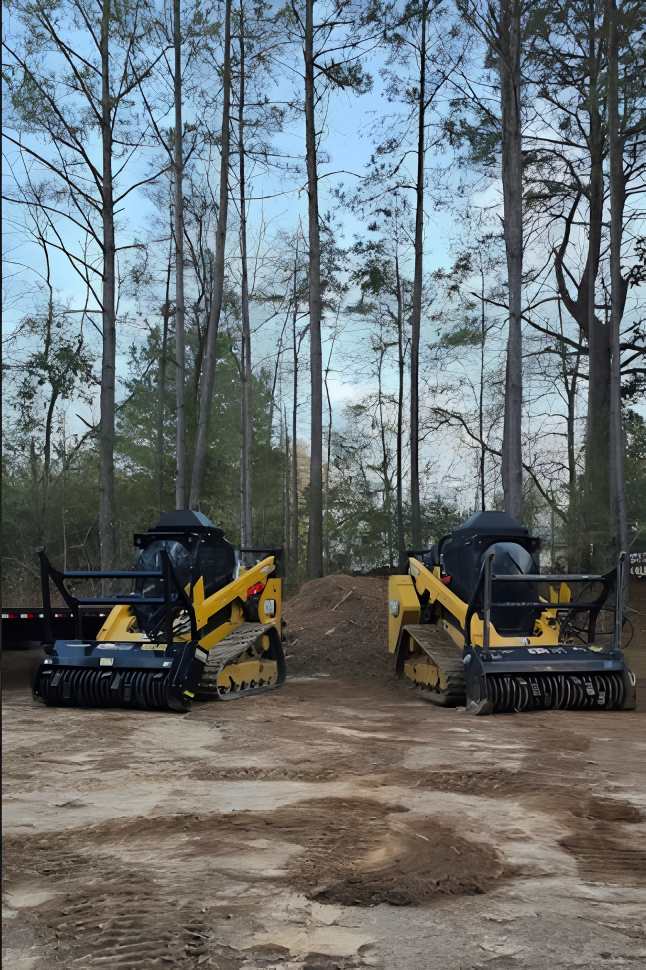 Two yellow and black skid steers with forestry mulchers on a dirt lot, trees in background.