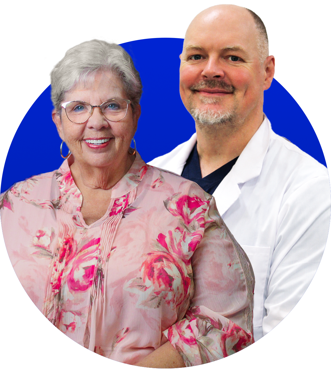 A smiling person in a floral blouse and a professional in a white lab coat stand together against a circular blue backdrop.