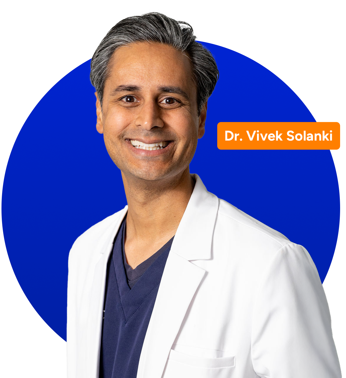 Dr. Vivek Solanki smiling, wearing a white coat, in front of a blue background with a small orange text box.