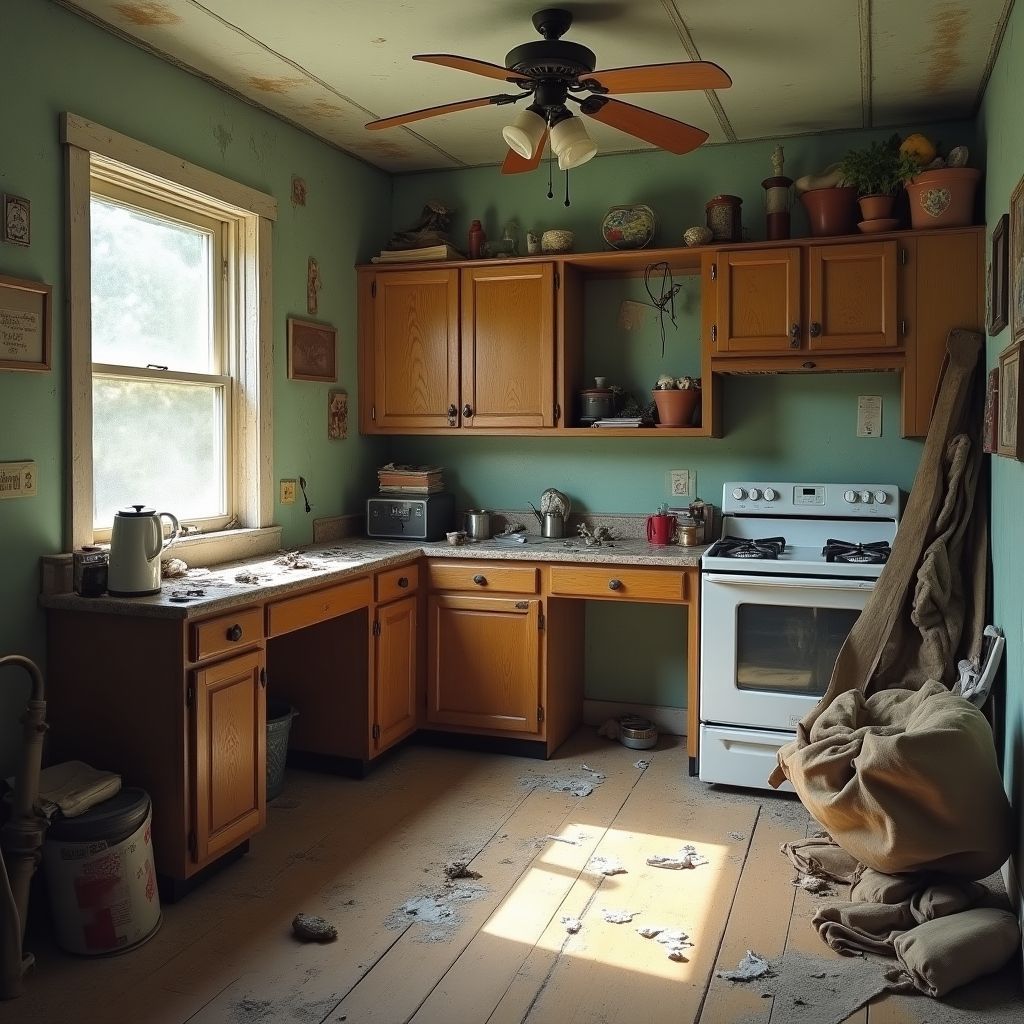 Grungy kitchen with peeling paint, old wood cabinets, and scattered debris on the floor, illuminated by sunlight.