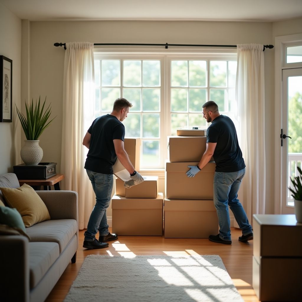Two men are moving cardboard boxes in a well-lit room, near a window and a sofa.