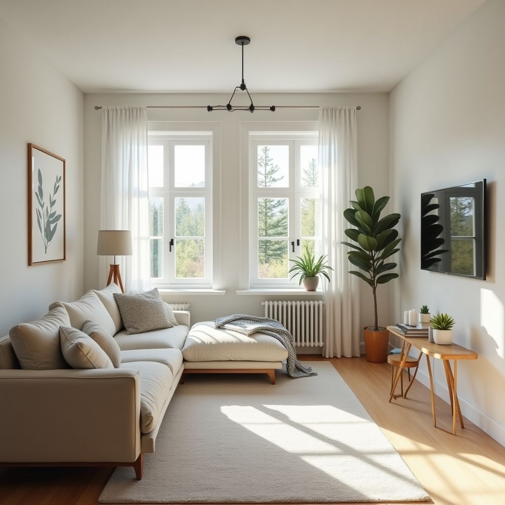 Cozy living room with a sectional sofa, two windows with sheer curtains, and a mounted TV.