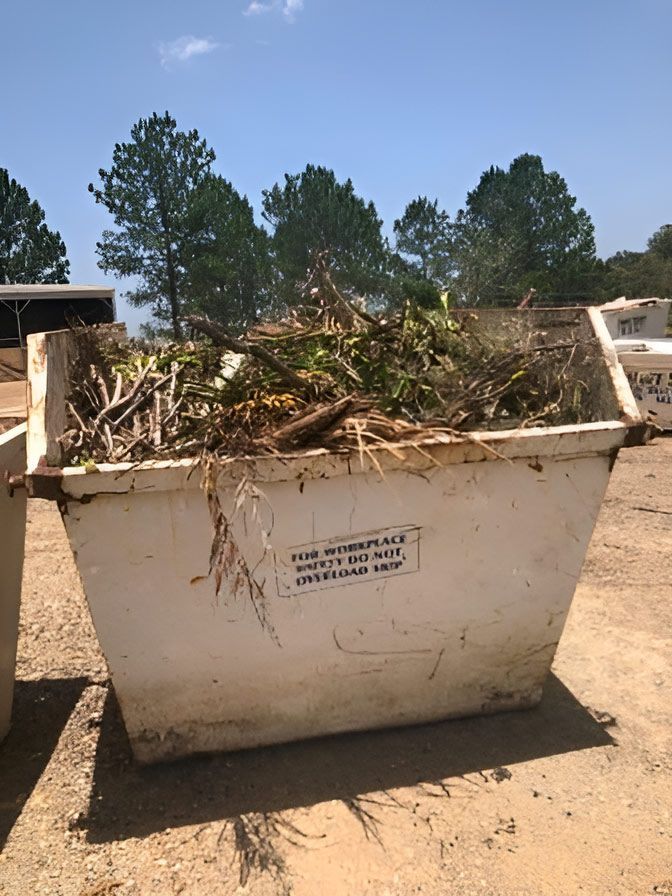 A White Dumpster Filled With Branches and Leaves is Sitting on the Ground — Swift Skips in Gympie, QLD