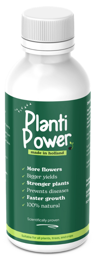 A bottle of plant power is sitting on a white surface.