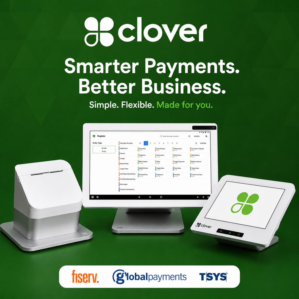 Clover payment system ad with green background, POS devices, laptop dashboard, and slogan “Smarter Payments. Better Business.”