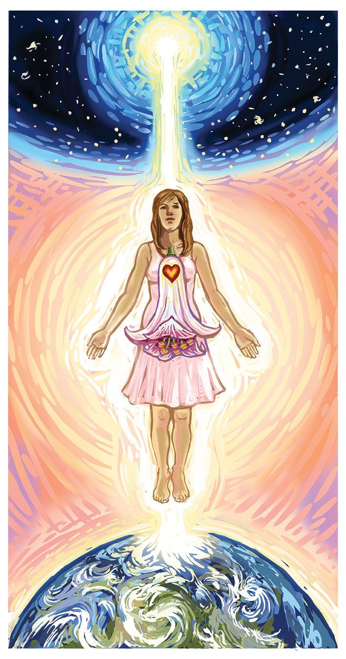 A woman in a pink dress is standing in front of the earth with a light coming out of her chest.