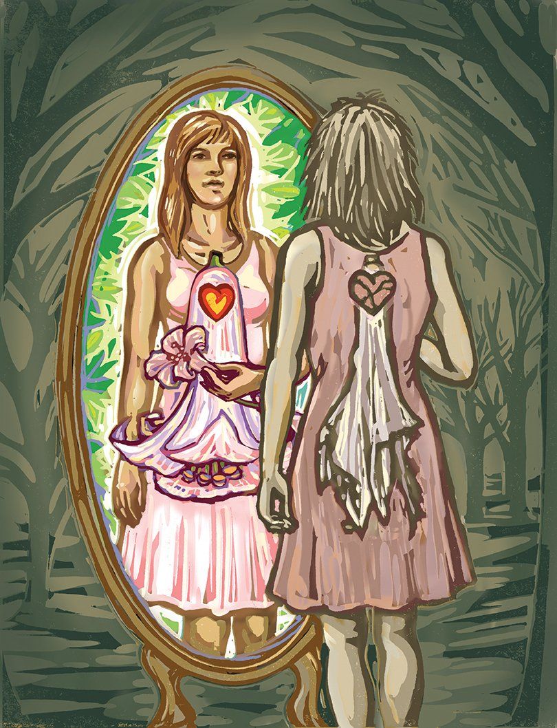 A woman in a pink dress is looking at her reflection in a mirror.