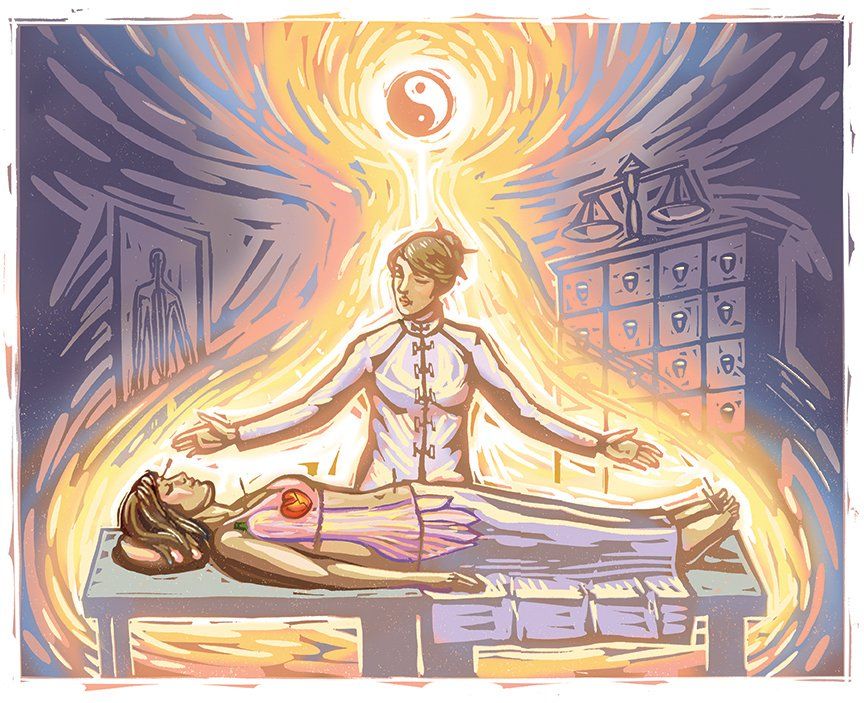 A woman is laying on a table getting acupuncture from a doctor.