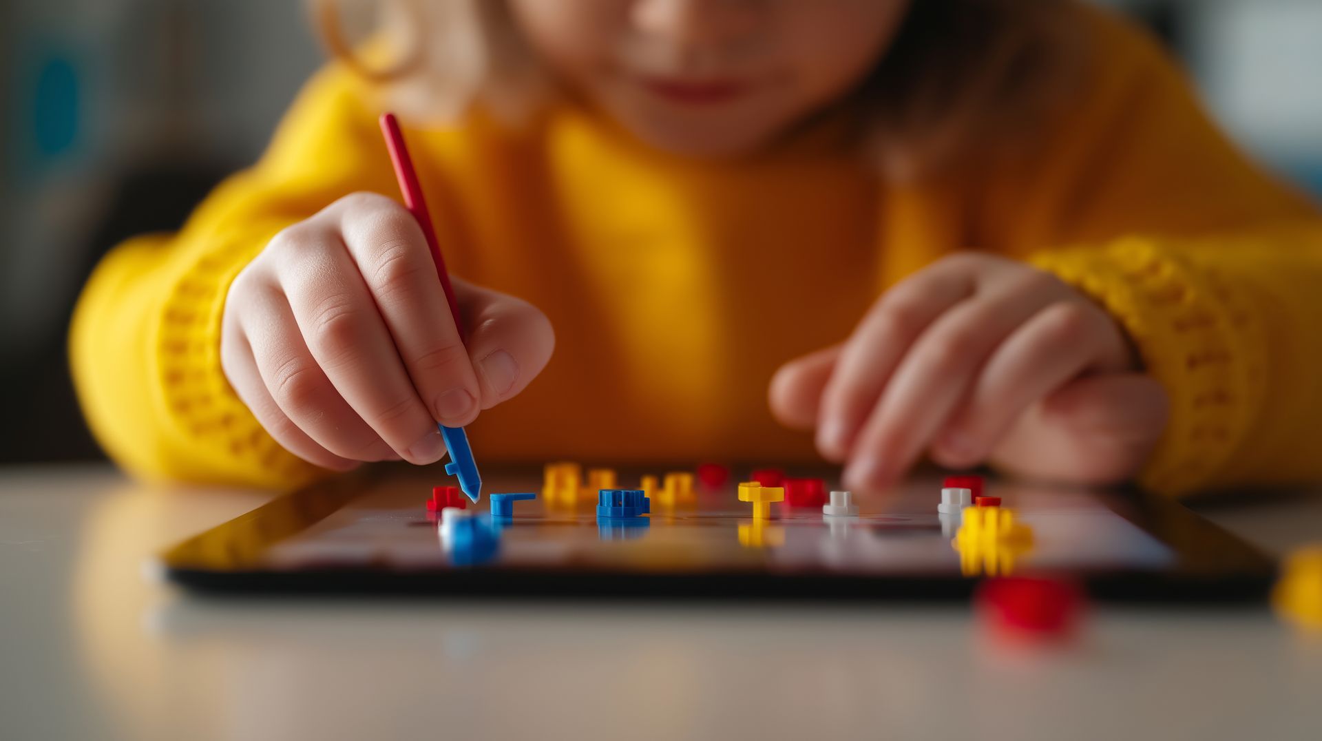 A little girl is playing a game on a tablet.